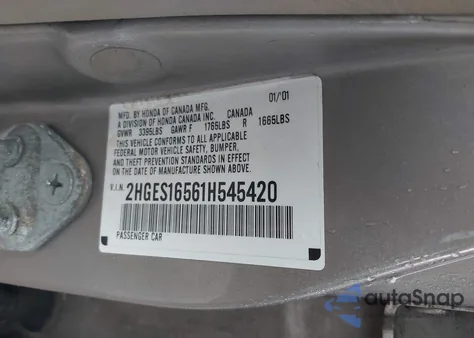 2001 Honda Civic Lx z USA, uszkodzony, nr VIN 2HGES16561H545420